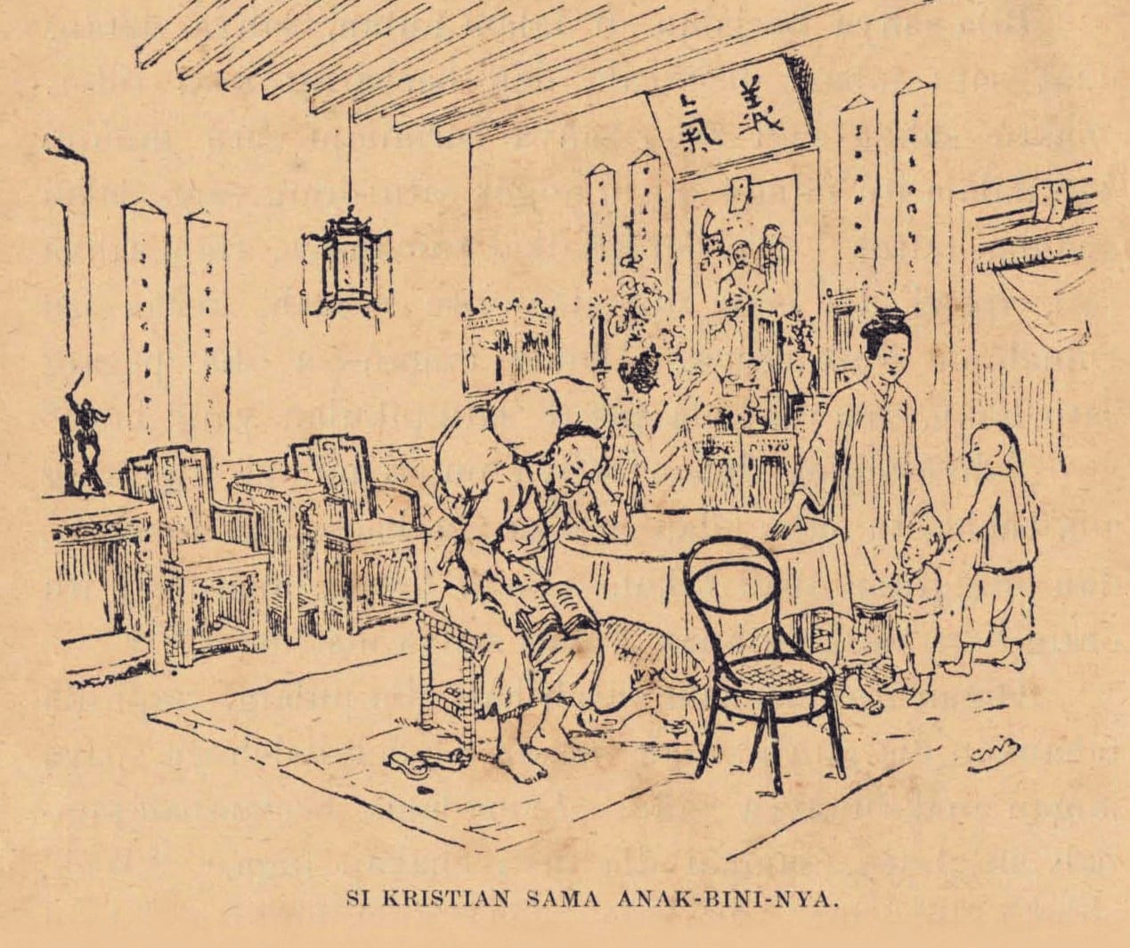 Christian with his wife and children. Image reproduced from Bunyan, J. (1905). Chrita orang yang chari slamat, p. 2. All rights reserved, American Mission Press, 1905.